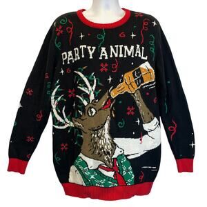 Ugly Christmas Party PARTY ANIMAL Beer Chugging Reindeer Sweater Size 2XL